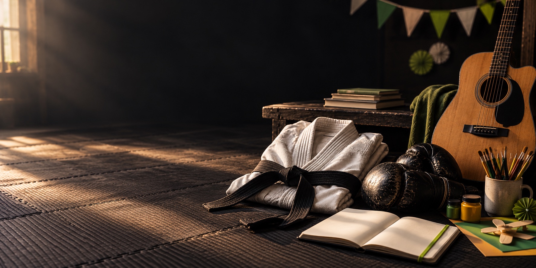 Composição ilustrativa com dobok e faixa-preta, luvas de boxe, violão, livros, materiais de oficinas e enfeites de celebração