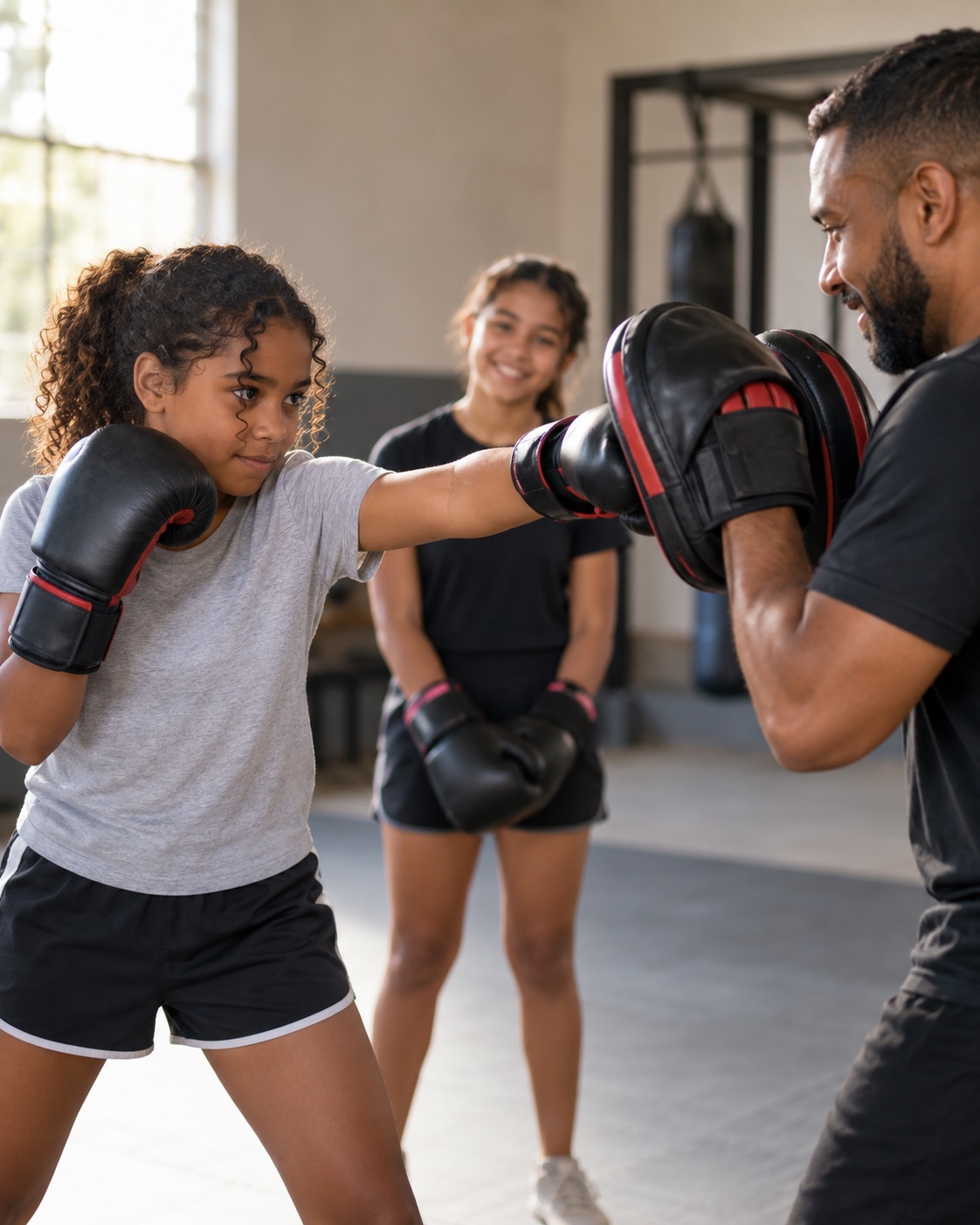 Imagem ilustrativa de uma jovem praticando boxe com orientação de um treinador